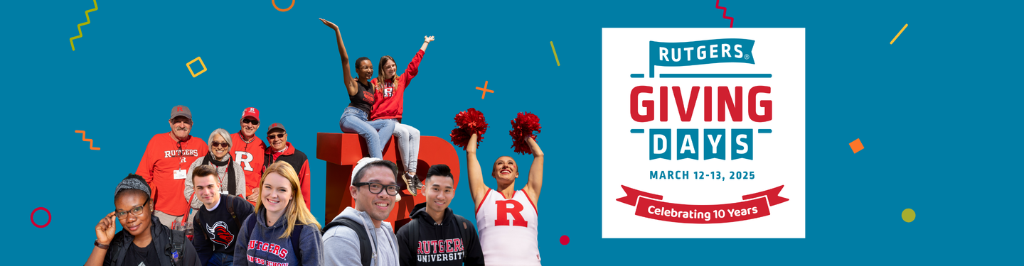 Smiling students next to the Rutgers Giving Days 2024 logo